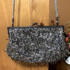 Gray/Silver beaded and satin evening bag